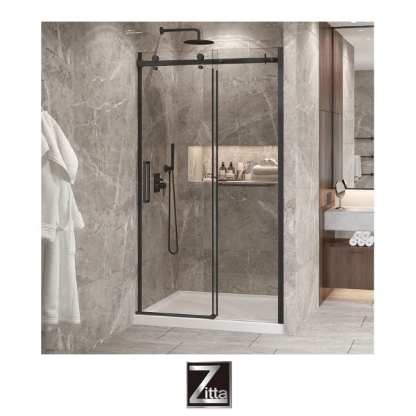 ZITTA - Ensemble porte coulissante BELLINI 2.0 et base acrylique - Noir Mat - Installation en ALCOVE