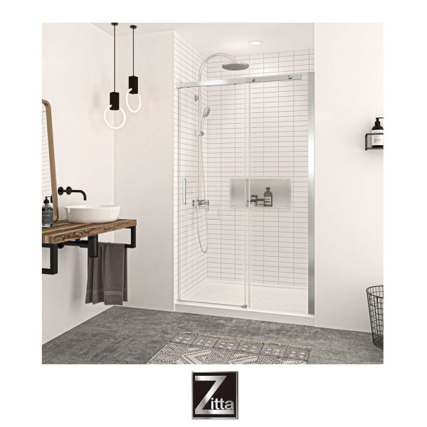 ZITTA - Ensemble porte coulissante VAGUE et base acrylique - Chrome - Installation en ALCOVE