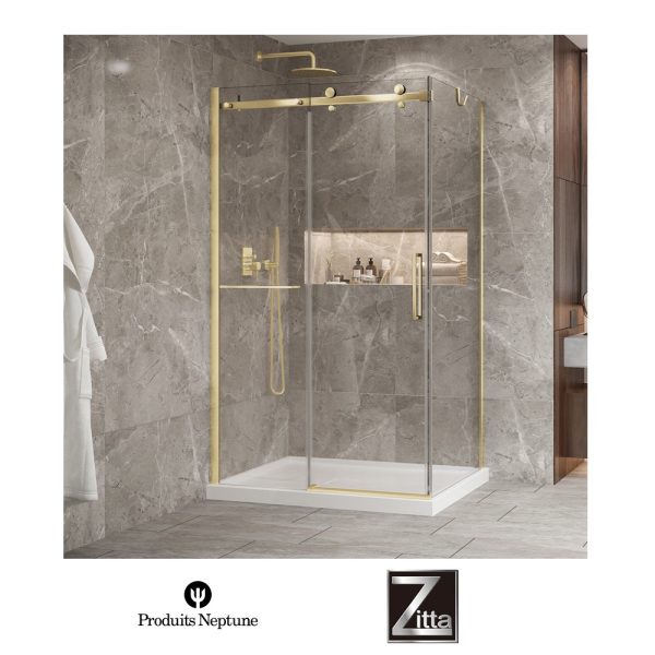 ZITTA - Ensemble porte coulissante BELLINI 2.0 et base de douche acrylique avec cache drain - Or Brossé