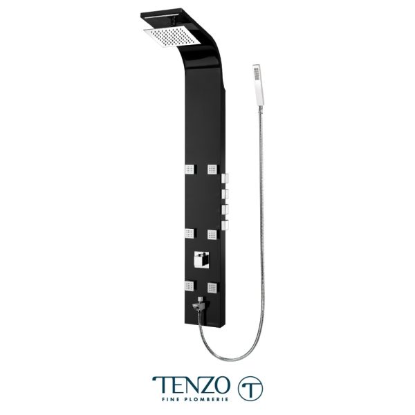 Tenzo - Colonne de douche thermostatique avec jets, cascade, pluie et douchette - Noir Mat / Chrome