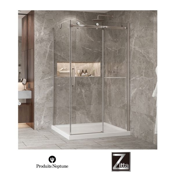 ZITTA - Ensemble porte coulissante BELLINI 2.0 et base de douche acrylique avec cache drain - Nickel Brossé