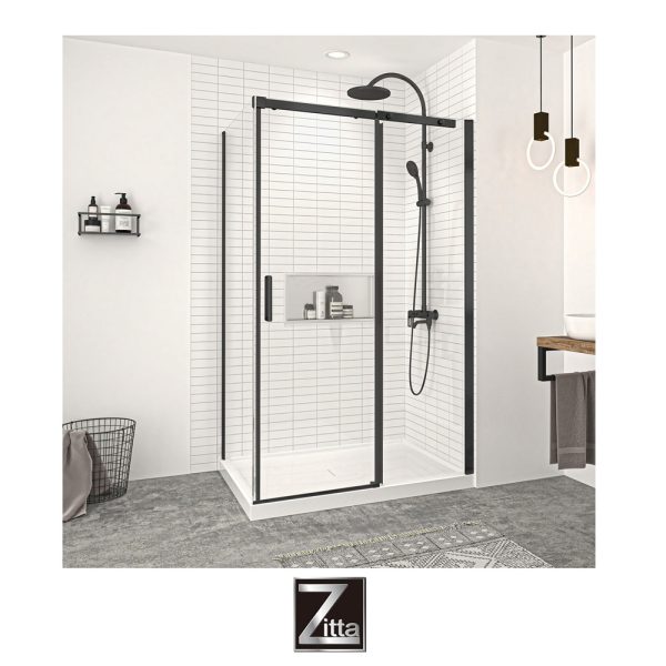 ZITTA - Ensemble porte coulissante VAGUE et base NEPTUNE Cache - Noir Mat - Installation en coin DROIT