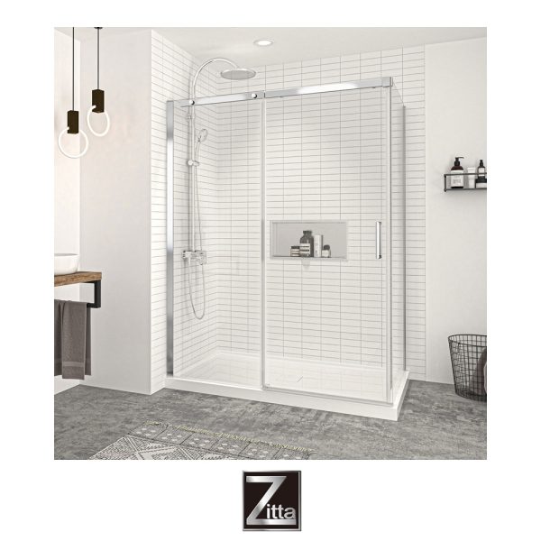 ZITTA - Ensemble porte coulissante VAGUE et base NEPTUNE Cache - Chrome - Installation en coin GAUCHE