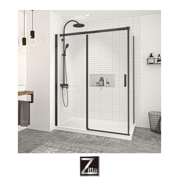 ZITTA - Ensemble porte coulissante VAGUE et base NEPTUNE Cache - Noir Mat - Installation en coin GAUCHE