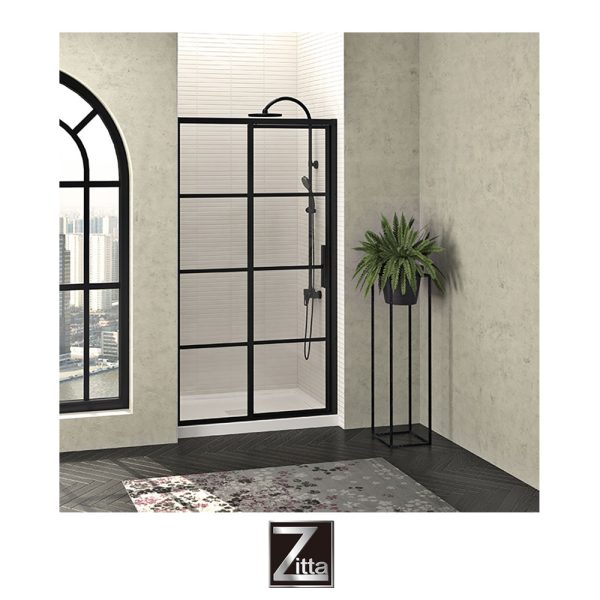 ZITTA - Ensemble porte coulissante MECANEX et base acrylique - Noir Mat - Installation en coin ALCOVE