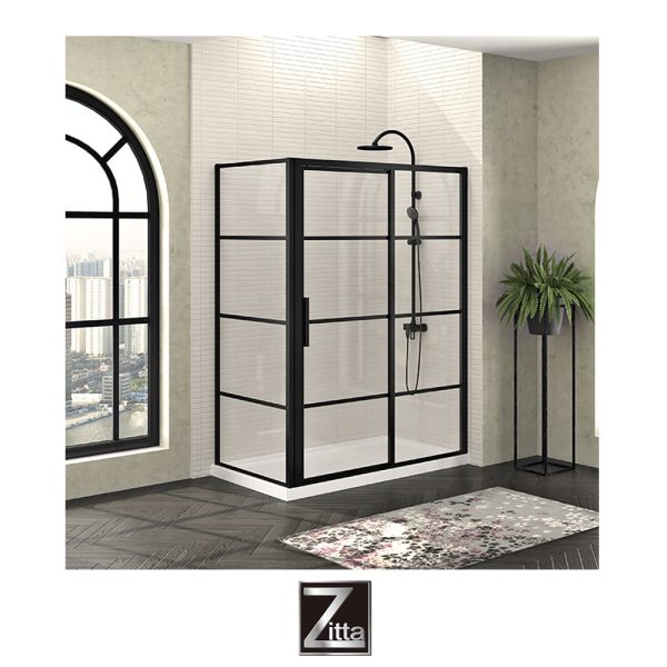 ZITTA - Ensemble porte coulissante MECANEX et base acrylique - Noir Mat - Installation en coin DROIT