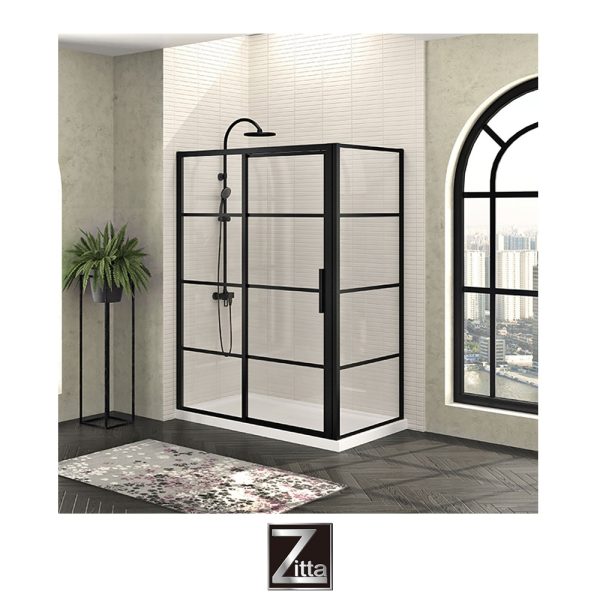 ZITTA - Ensemble porte coulissante MECANEX et base acrylique - Noir Mat - Installation en coin GAUCHE