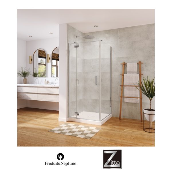 ZITTA - Ensemble porte à pivot AZELIA et base de douche acrylique avec cache drain