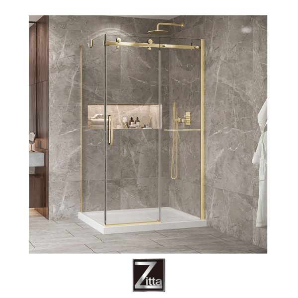 ZITTA - Ensemble porte coulissante BELLINI 2.0 et base de douche acrylique avec cache drain - Or Brossé