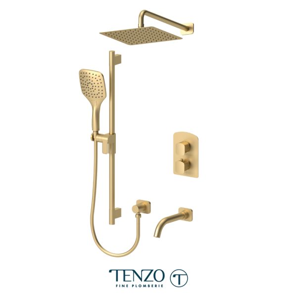 Tenzo - DELANO - Ensemble de bain-douche thermostatique 3 fonctions avec rail, pluie et bec - Or Brossé