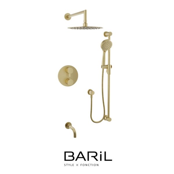 Baril- ZIP B66 - Ensemble de bain-douche thermostatique 3 fonctions avec rail, pluie et bec - Laiton Satiné