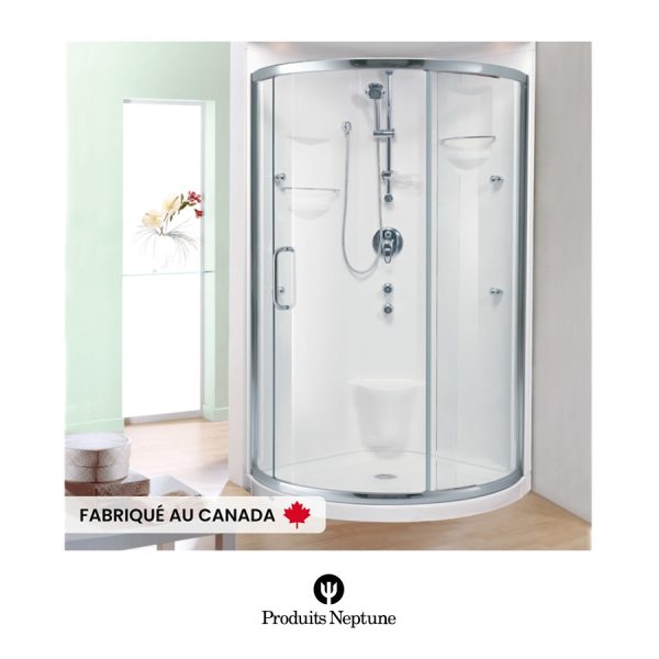 Produits Neptune - STELLA (Monopièce) - Douche en acrylique 36po ronde et porte coulissante pour installation en coin