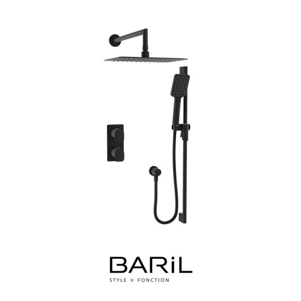**PROMO** Baril - PETITE B04 - Ensemble de douche thermostatique 2 fonctions avec rail et pluie - Noir Mat